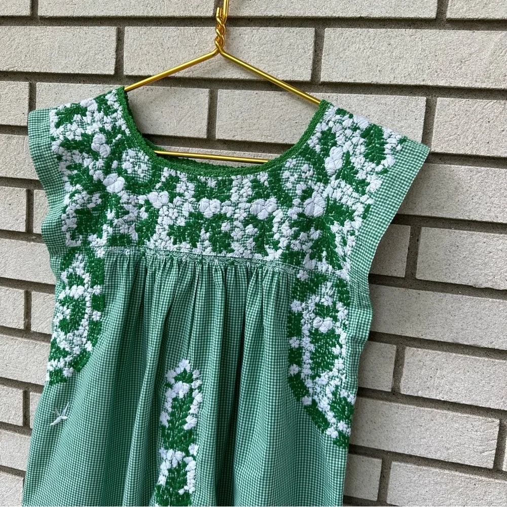 Mi Golondrina Green Gingham Embroidered Mexican Dress M Handmade Cotton Floral - Picture 2 of 7